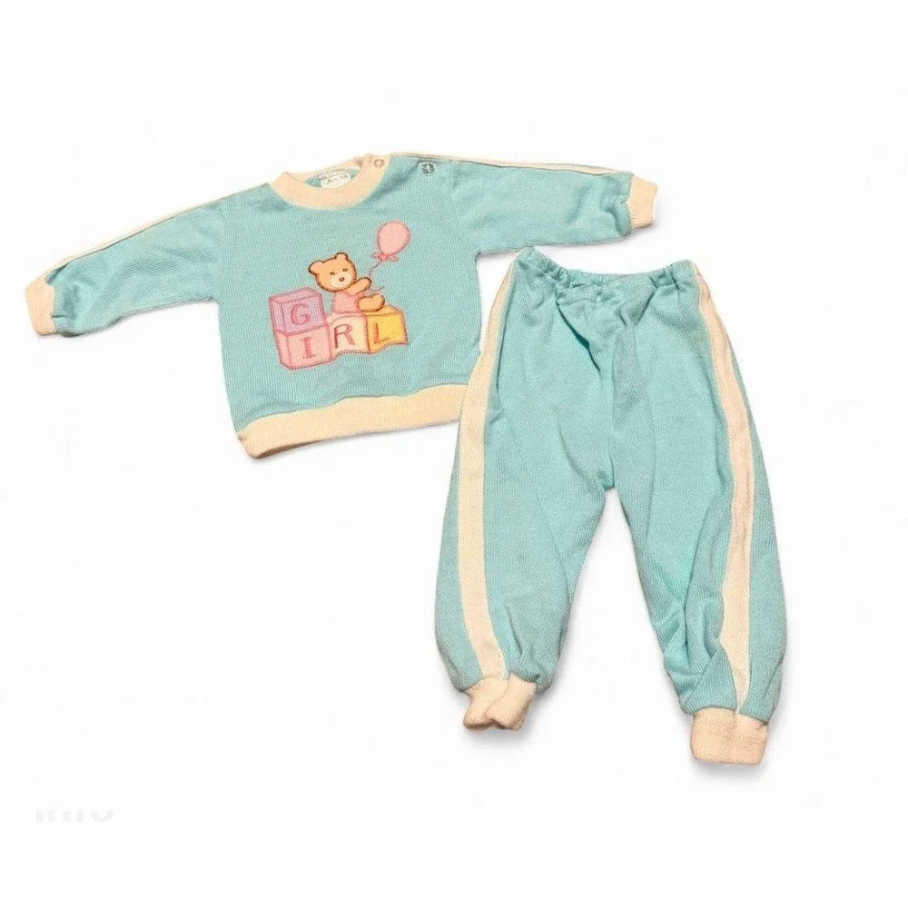 Vintage Hopscotch Baby Girl 0-6M Knit Sweater Pants Set Teddy Bear Blocks